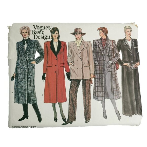 80s Vogue Pattern 1220 Loose Fitting Coat Long Midi Hip Car Trench Collar Sz 12 - Picture 1 of 2